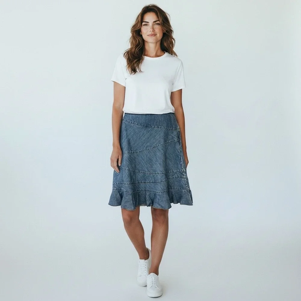 GAP Denim Skirt Sz12 Blue Ruffle Midi Y2K Boho Cowgirl Cottage Country Western